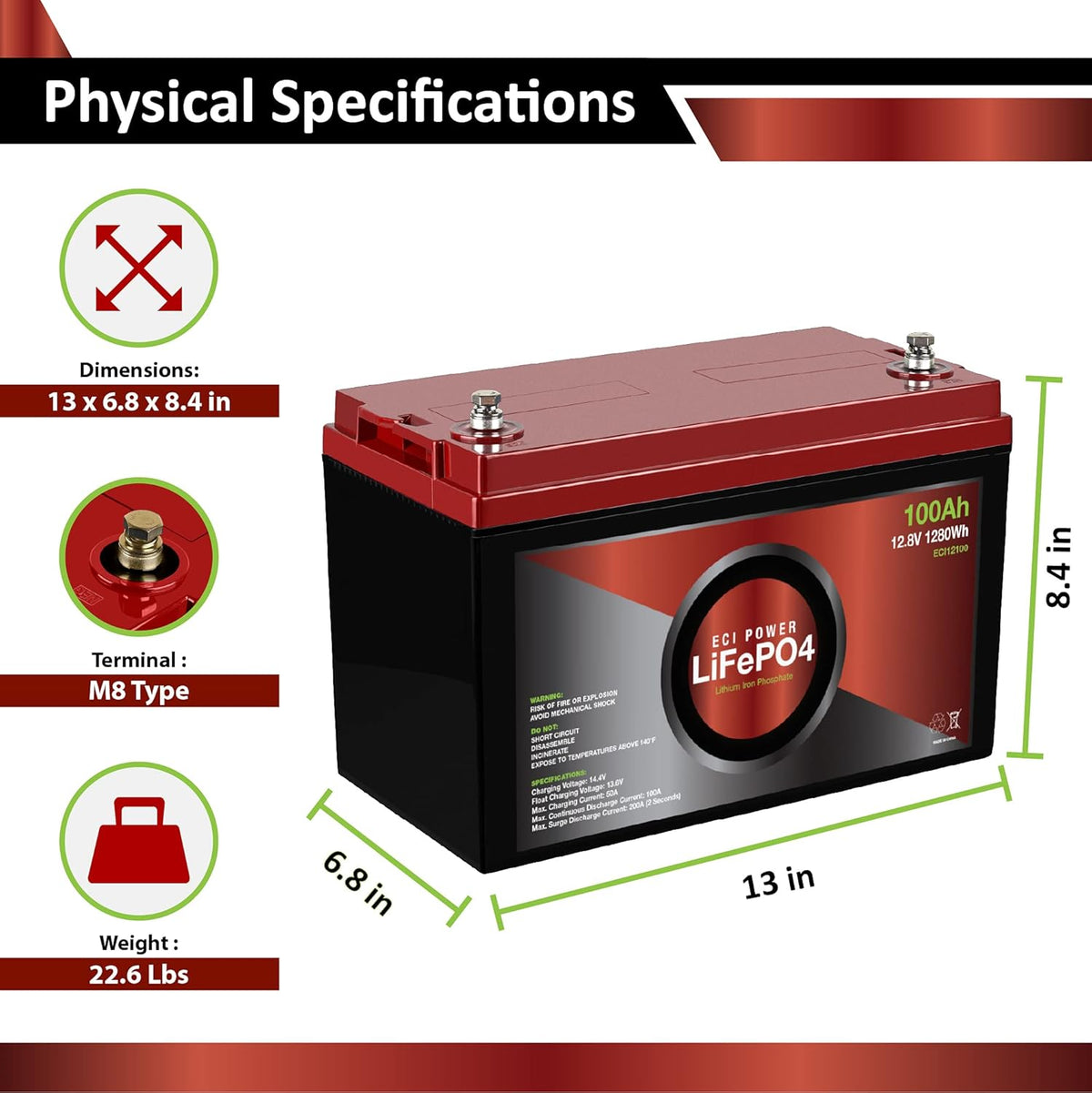12V 100Ah Lithium LiFePO4 Deep Cycle Rechargeable Battery 2 Pack N10117