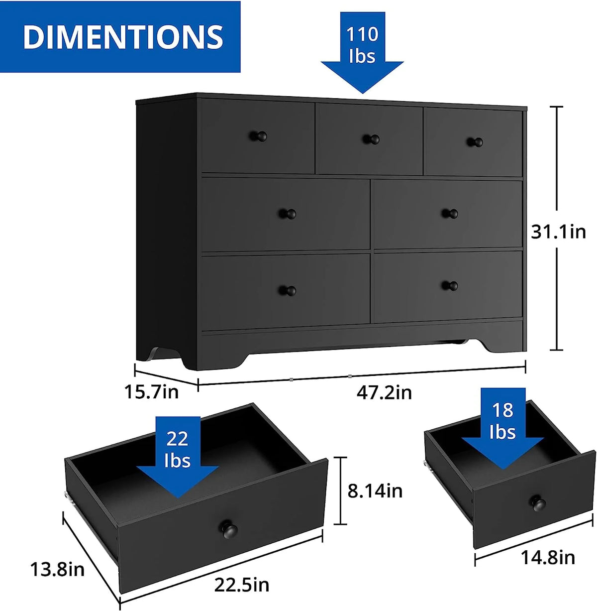 Black 7 Drawer Dresser H690