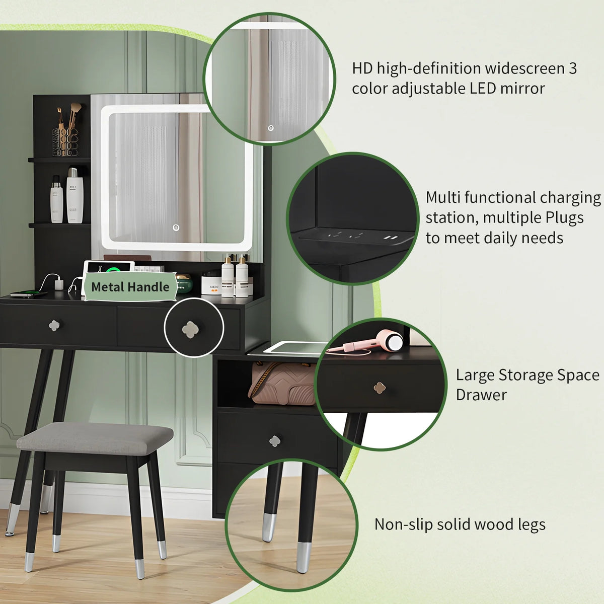 Black Dressing Table with Lighted Mirror, 4 Drawers and Stool V118