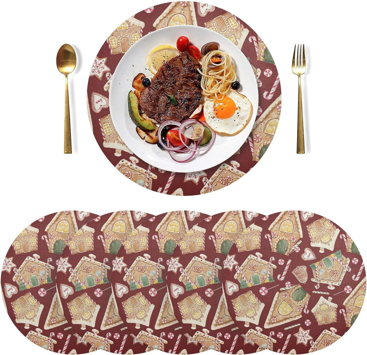 Christmas Gingerbread House Round Placemats Set of 6 Non-Slip PVC Washable Heat Resistant 15.4 Inch M905200