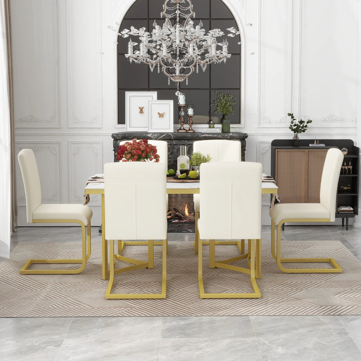 Gold Steel Dining Table Set for 6 with 6 PU Leather Chairs F274
