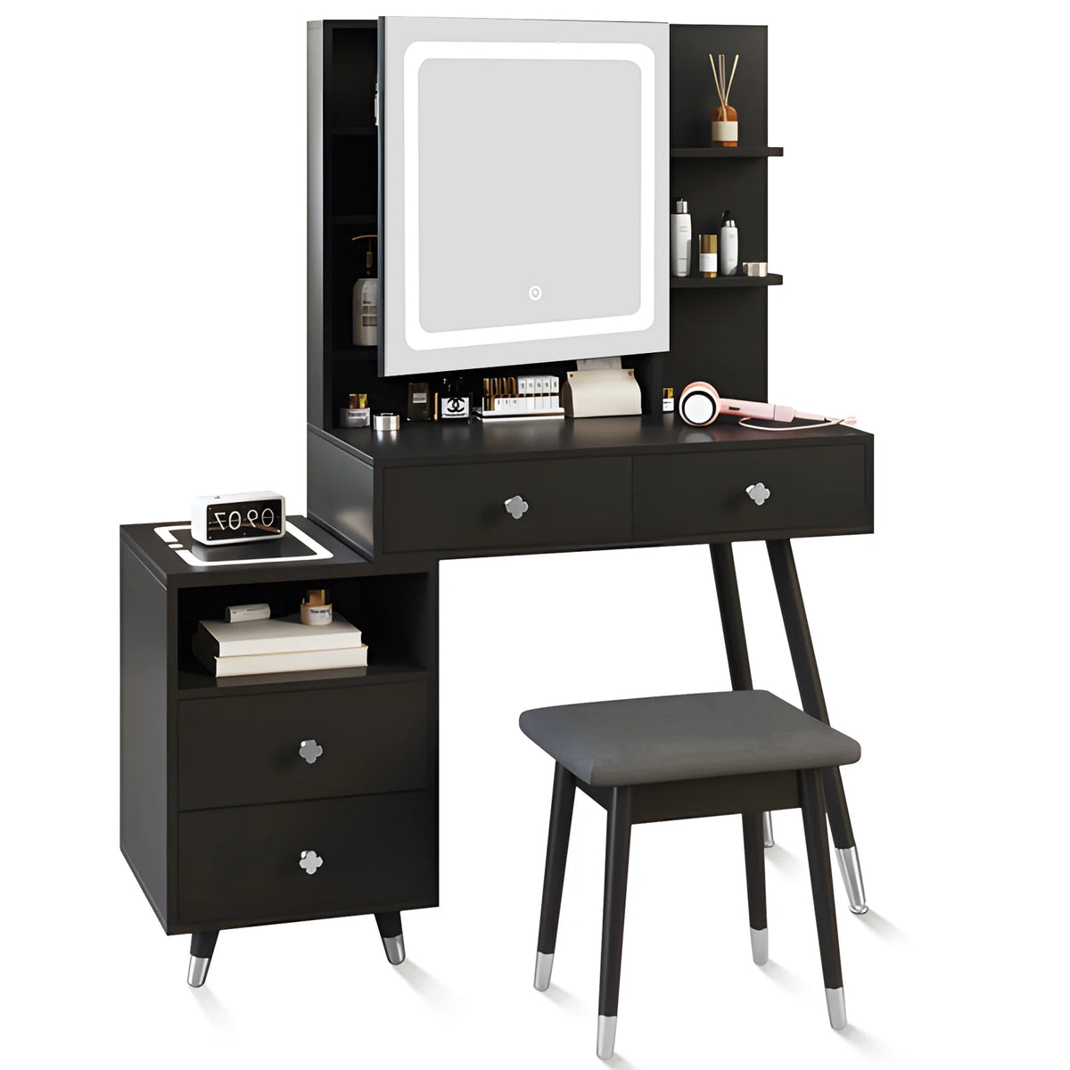 Black Dressing Table with Lighted Mirror, 4 Drawers and Stool V118
