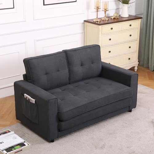 Dark Grey 3 in 1 Upholstered Convertible Futon Sofa Bed with Side Pockets Z853015