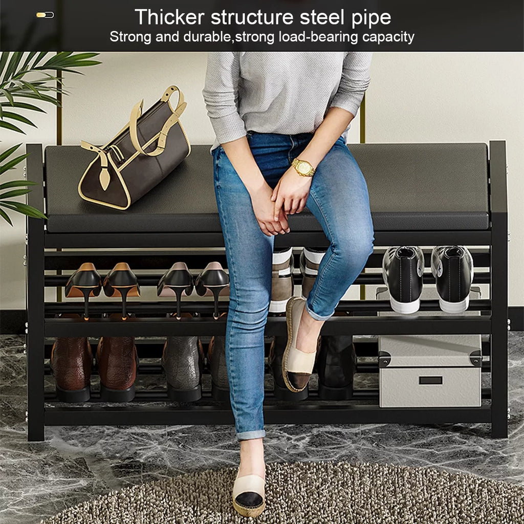 2-Tier Gray Shoe Rack Bench with Vegan Leather Seat Q85805