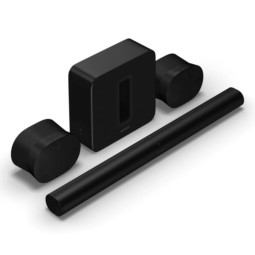 Black Wireless Soundbar, Subwoofer, and Pair of Smart Speakers X6820