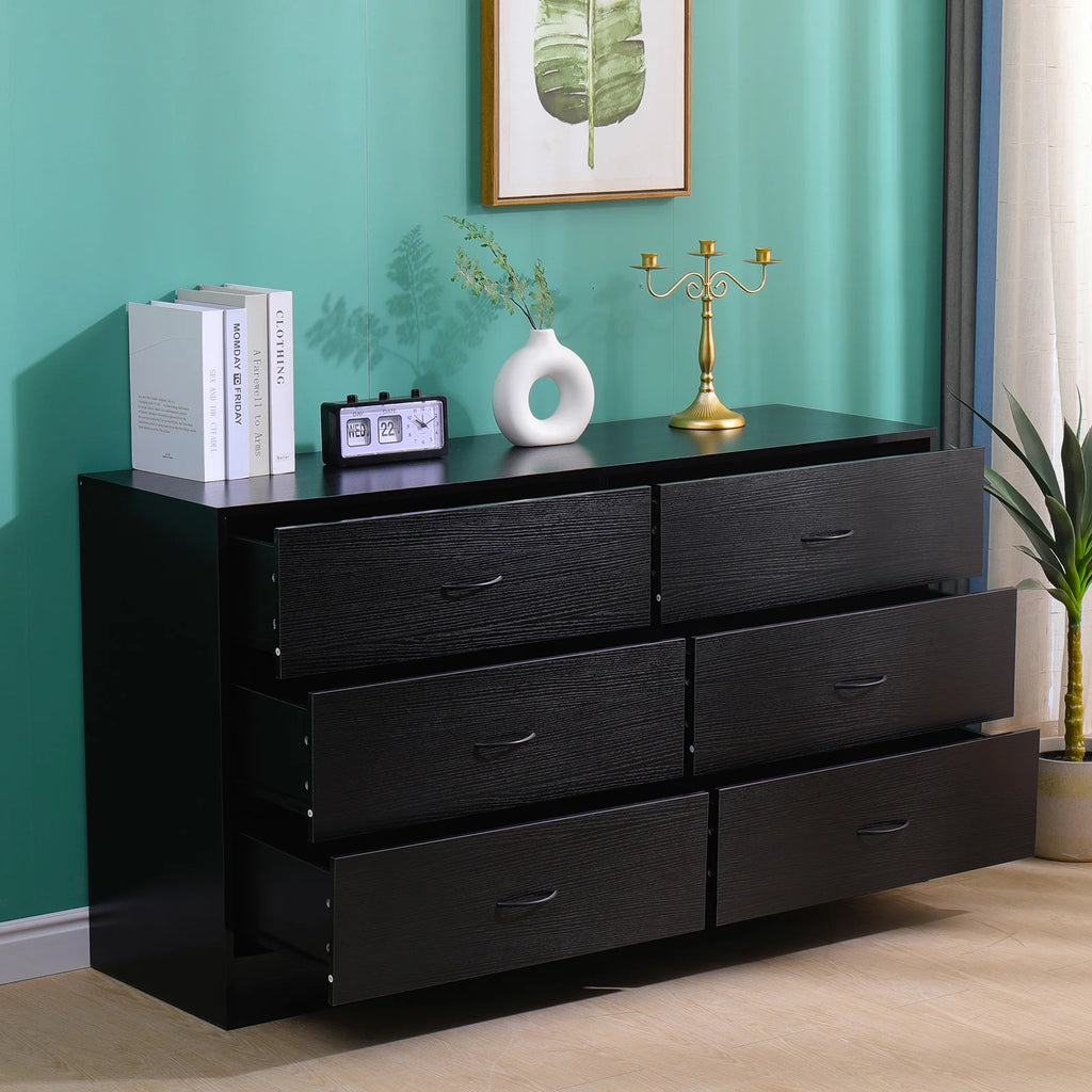 Black 6 Drawer Wood Dresser T955