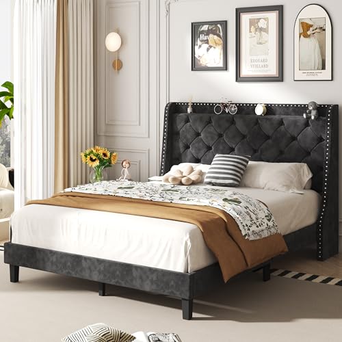 Queen Size Velvet Upholstered Platform Bed Frame with Storage C117883