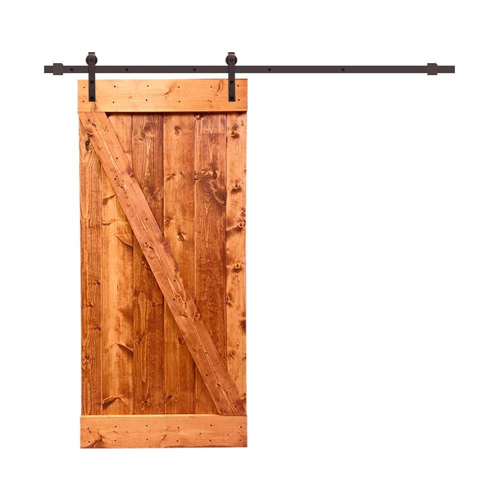 24 in. x 84 in. Red Walnut Stained Solid Knotty Pine Wood Interior Sliding Barn Door with Hardware Kit R19323
