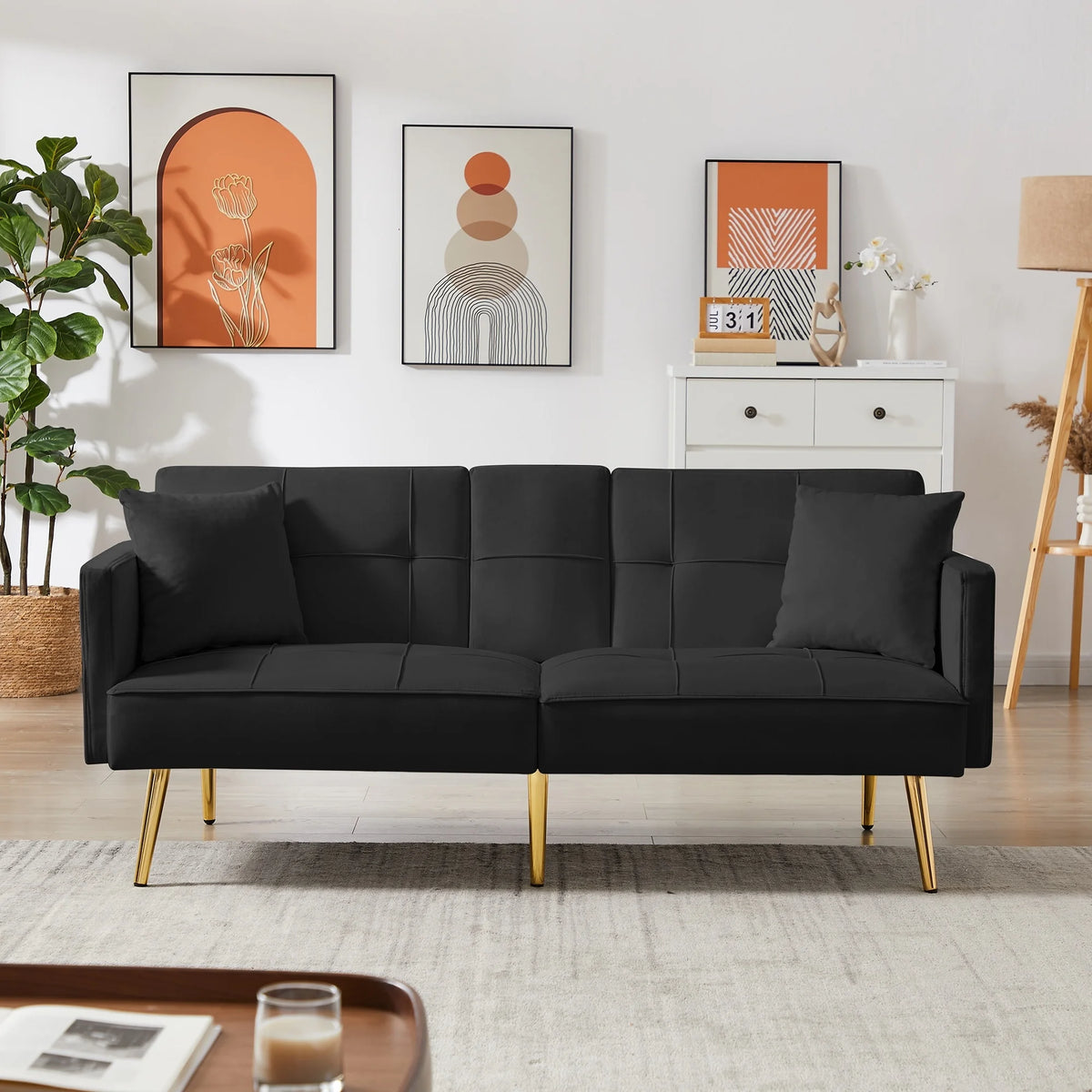 Convertible Sofa Bed Velvet Metal Legs Cream White E13949