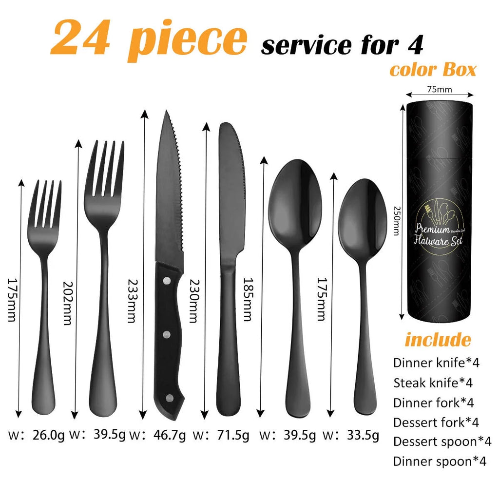 24 Piece Matte Black Silver Stainless Steel Cutlery Set with Steak Knife B53200