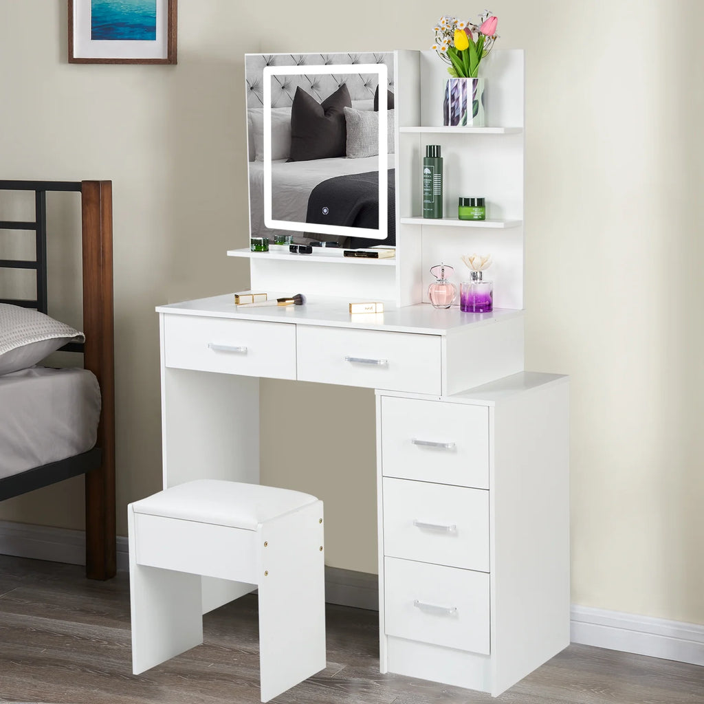 White Vanity Set with Lighted Mirror, Drawers and Stool G68881