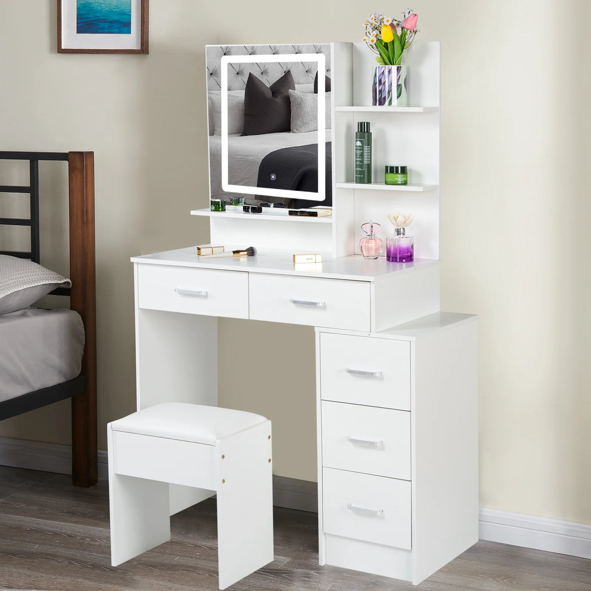 White Vanity Set with Lighted Mirror, Drawers and Stool G68881