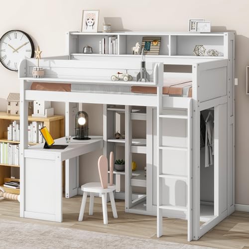 White Twin Size Solid Wood Loft Bed with Desk and Wardrobe I21604