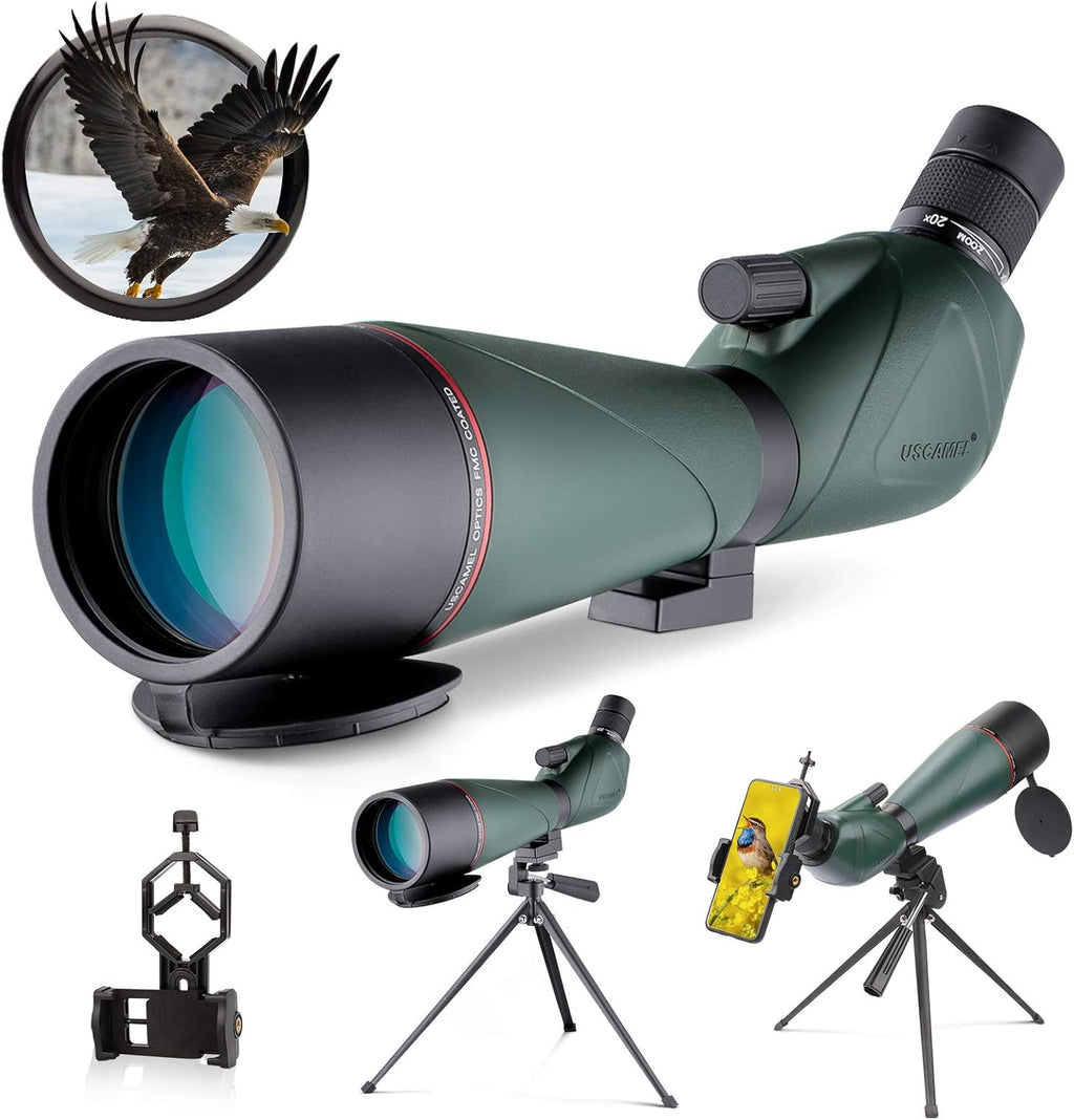 20-60x80 HD Spotting Scope with Tripod Carrying Bag Phone Adapter and Shutter Control Bak4 45° Eyepiece Telescope M316