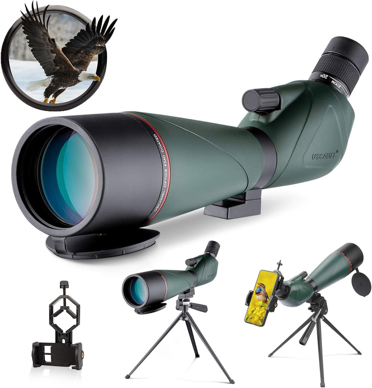 20-60x80 HD Spotting Scope with Tripod Carrying Bag Phone Adapter and Shutter Control Bak4 45° Eyepiece Telescope M316