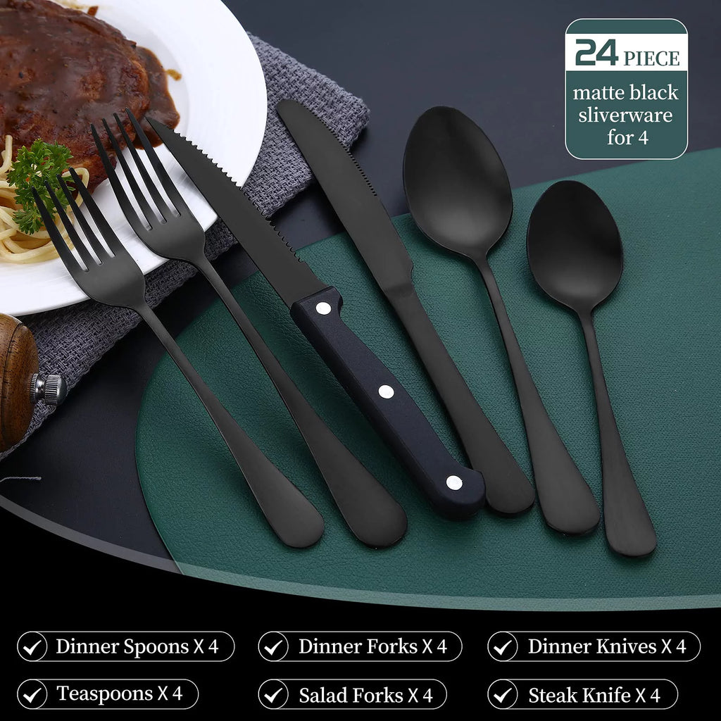 24 Piece Matte Black Silver Stainless Steel Cutlery Set with Steak Knife B53200