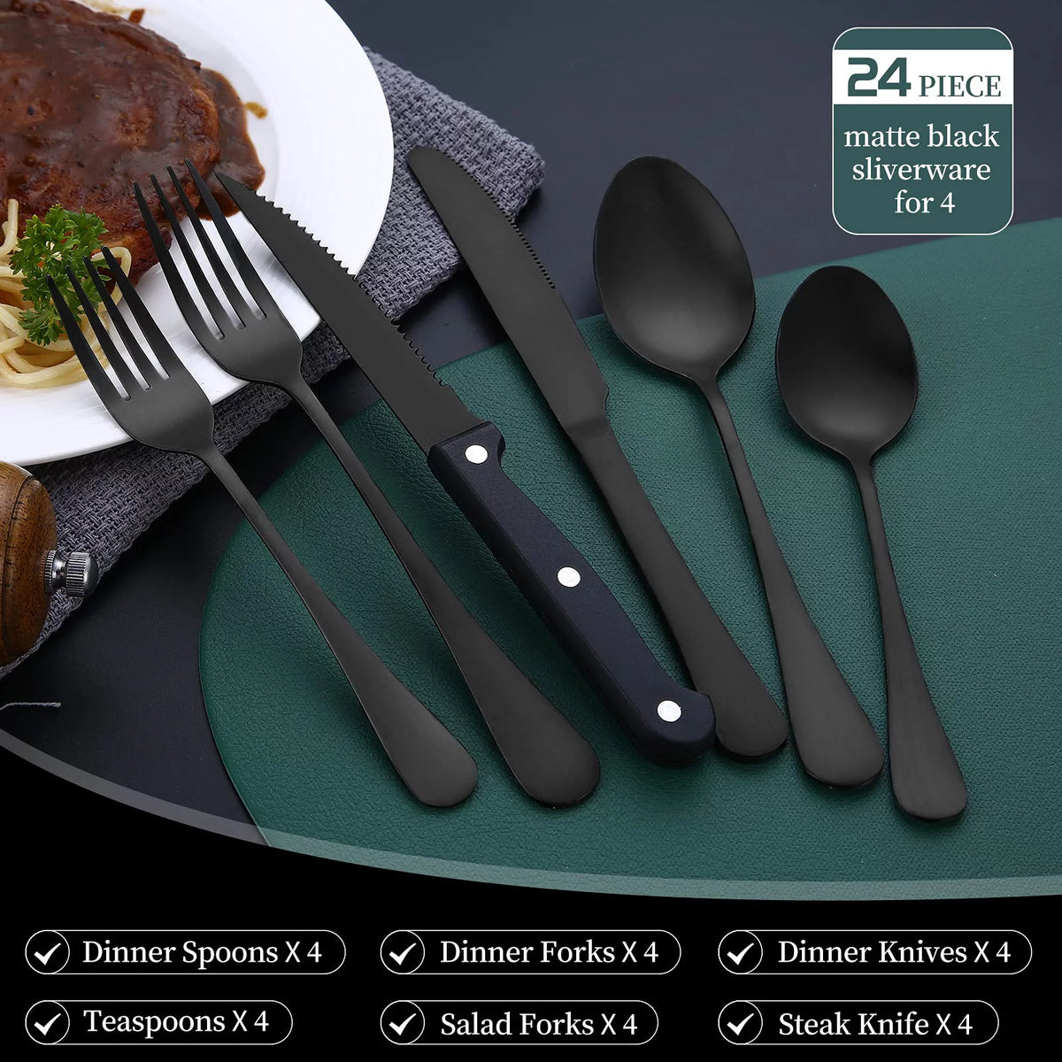 24 Piece Matte Black Silver Stainless Steel Cutlery Set with Steak Knife B53200