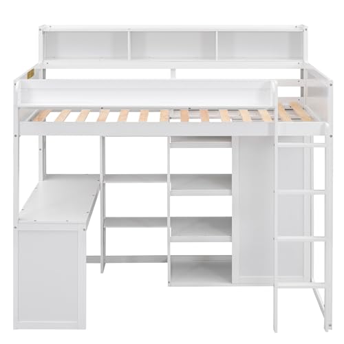 White Twin Size Solid Wood Loft Bed with Desk and Wardrobe I21604