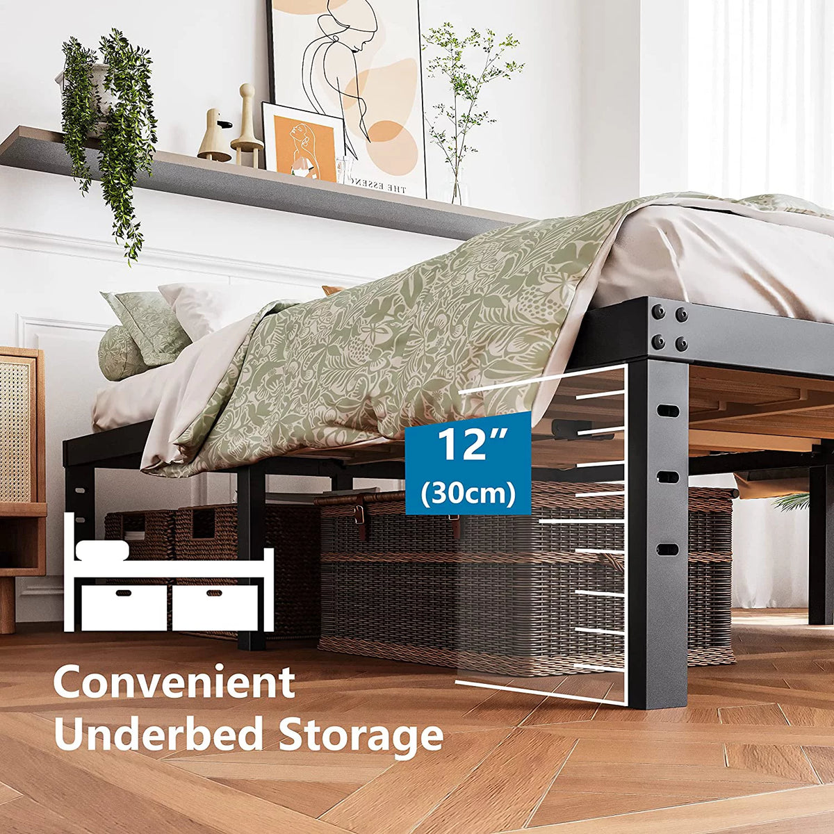 California King Bed Frame with Wood Slats and Underbed Storage X836