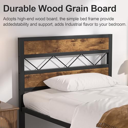 Queen Metal Platform Bed Frame with Wooden Headboard, Brown O62683