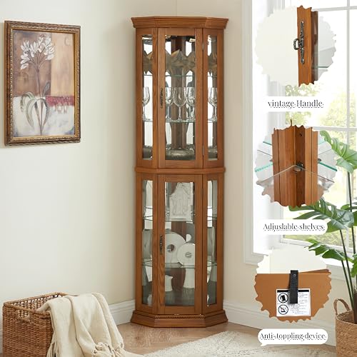 Lighted Corner Curio Display Cabinet with Adjustable Shelves & Mirrored Back G250916