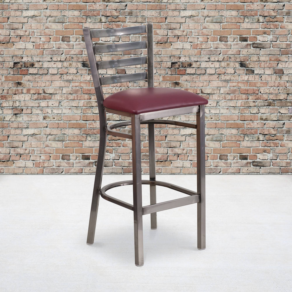 Ladder Back Metal Barstool with Burgundy Vinyl Seat C230093