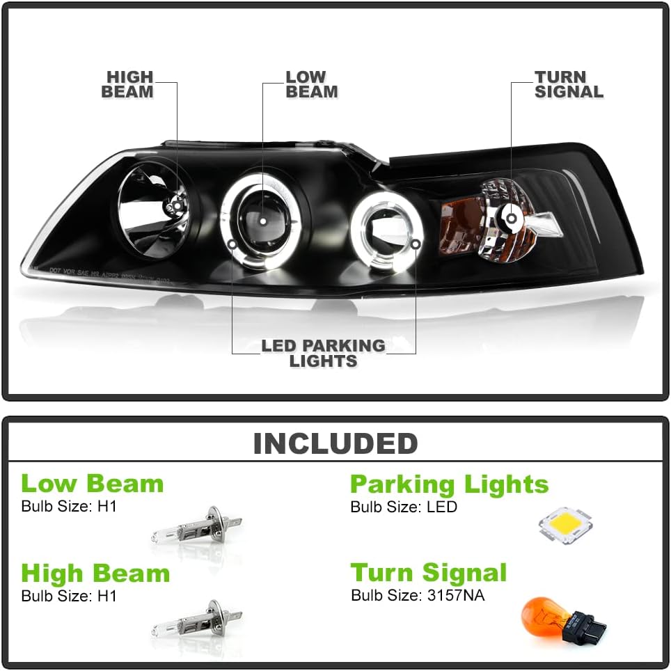 For 1999-2004 Ford Mustang Black Housing Projector Headlights Q843043