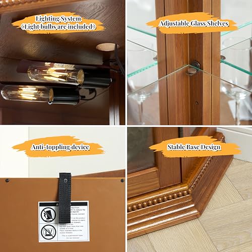 Lighted Corner Curio Display Cabinet with Adjustable Shelves & Mirrored Back G250916