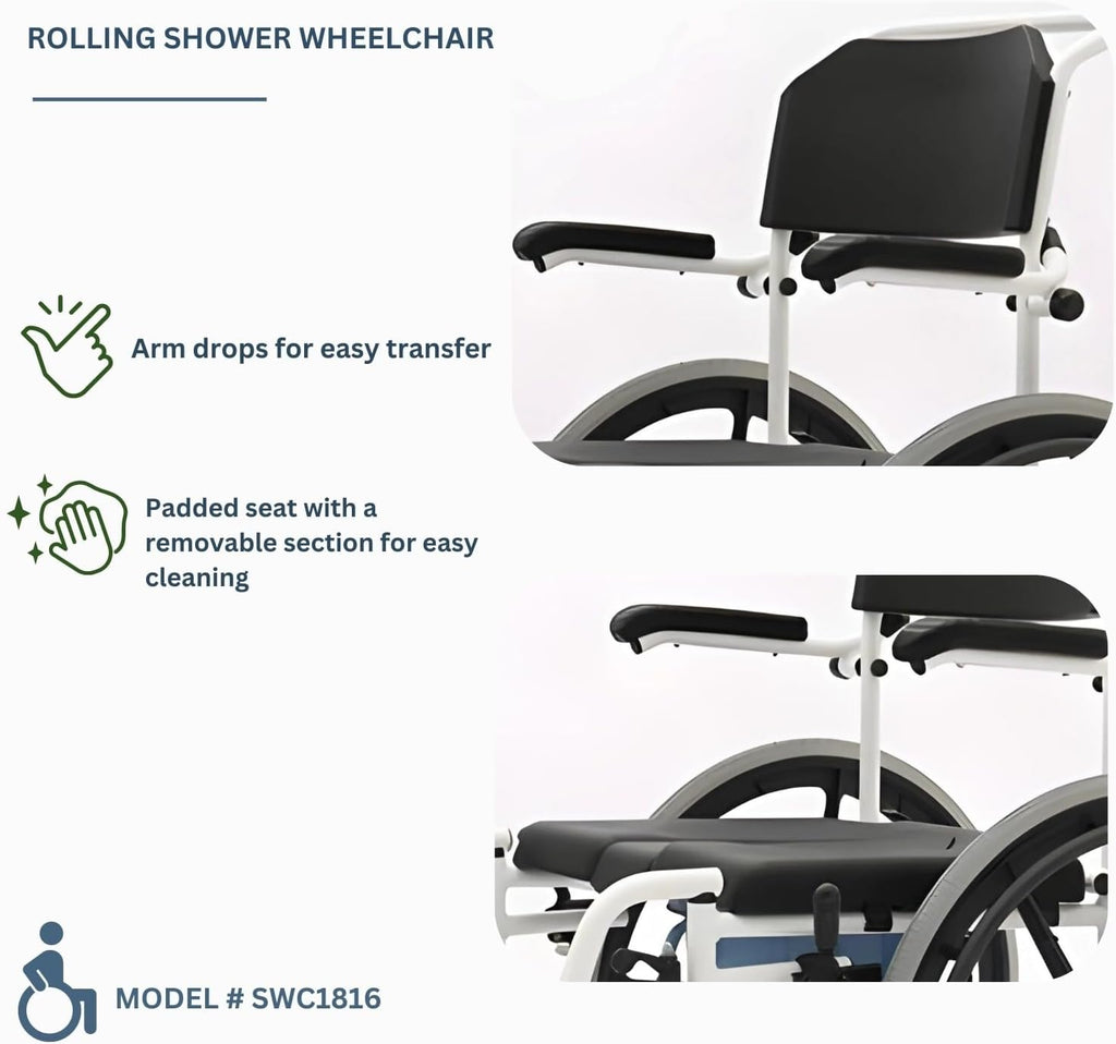 Rolling Shower Wheelchair with Commode, Padded Seat, 24" Rear Wheels, Non-Corrosive Aluminum Frame, 265 Lbs Weight Capacity, Black I385532