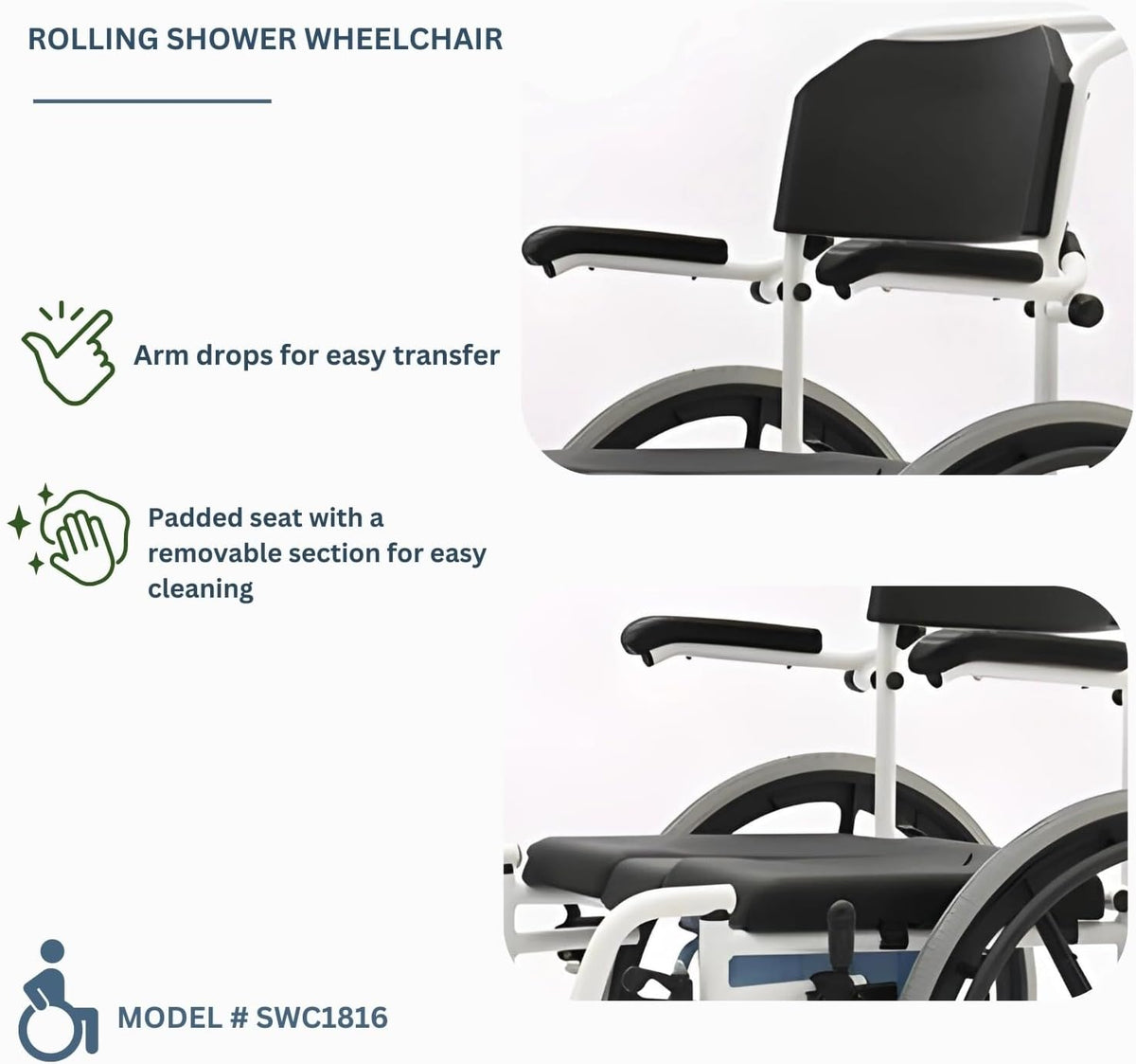 Rolling Shower Wheelchair with Commode, Padded Seat, 24" Rear Wheels, Non-Corrosive Aluminum Frame, 265 Lbs Weight Capacity, Black I385532