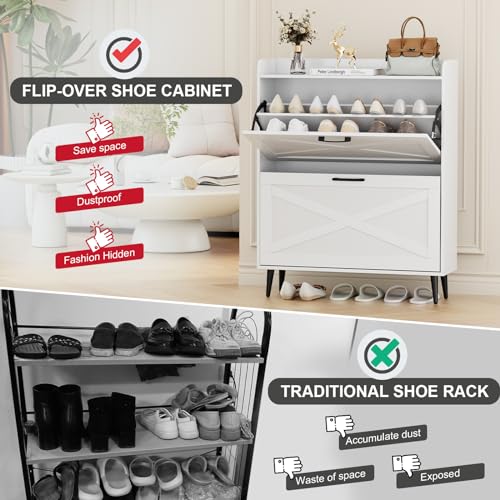 White Shoe Storage Cabinet with 2 Flip Doors and Metal Legs G551