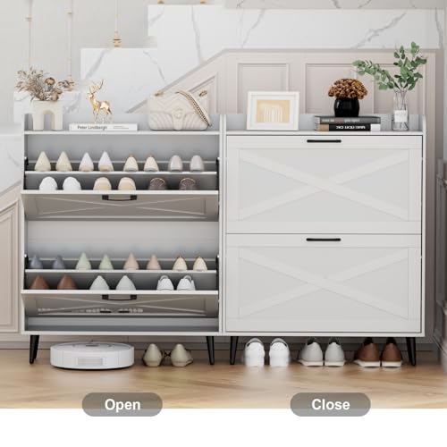 White Shoe Storage Cabinet with 2 Flip Doors and Metal Legs G551