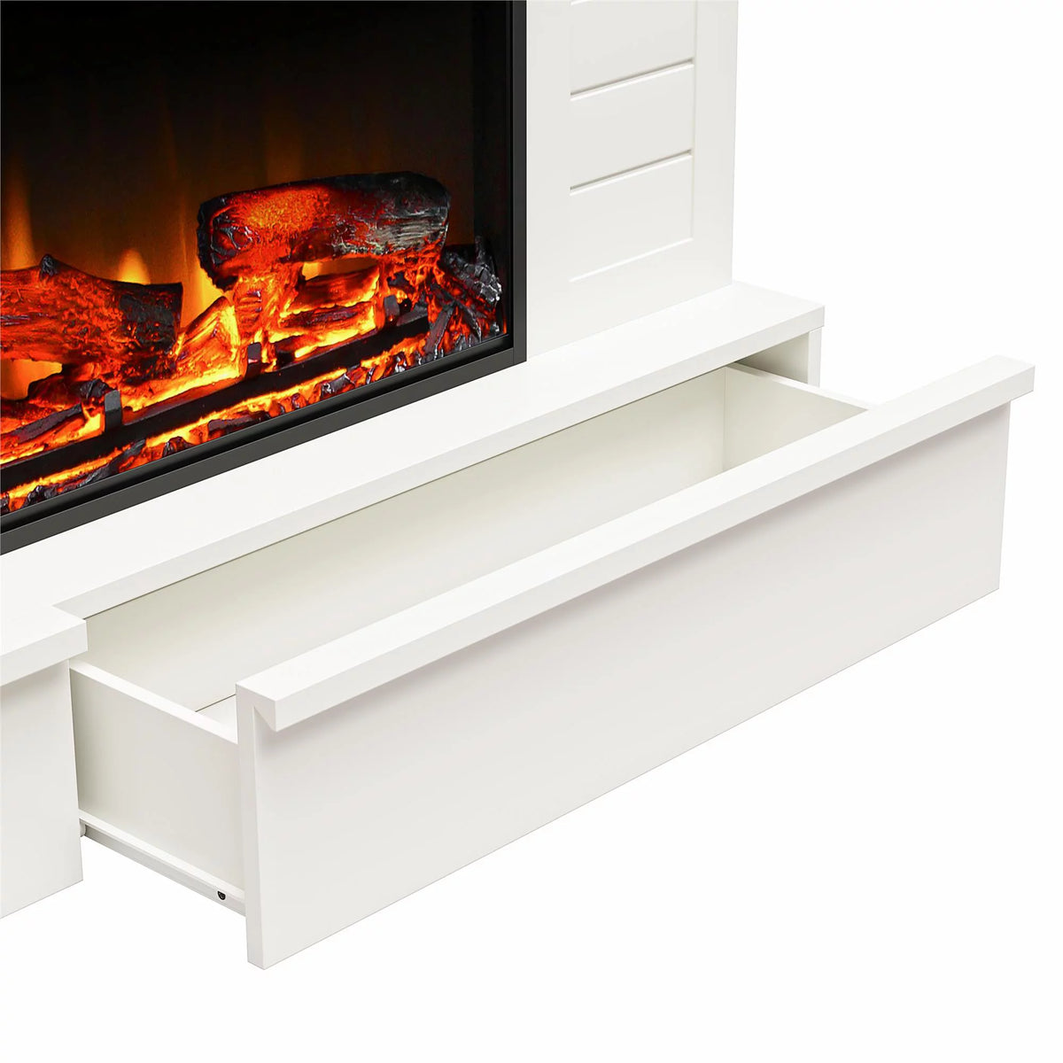 White Wide Shiplap Mantel with Linear Electric Fireplace and Storage Drawers M272213