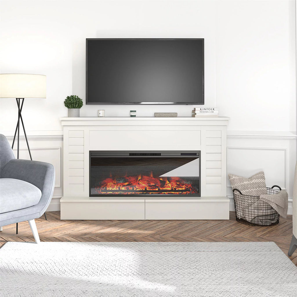 White Wide Shiplap Mantel with Linear Electric Fireplace and Storage Drawers M272213