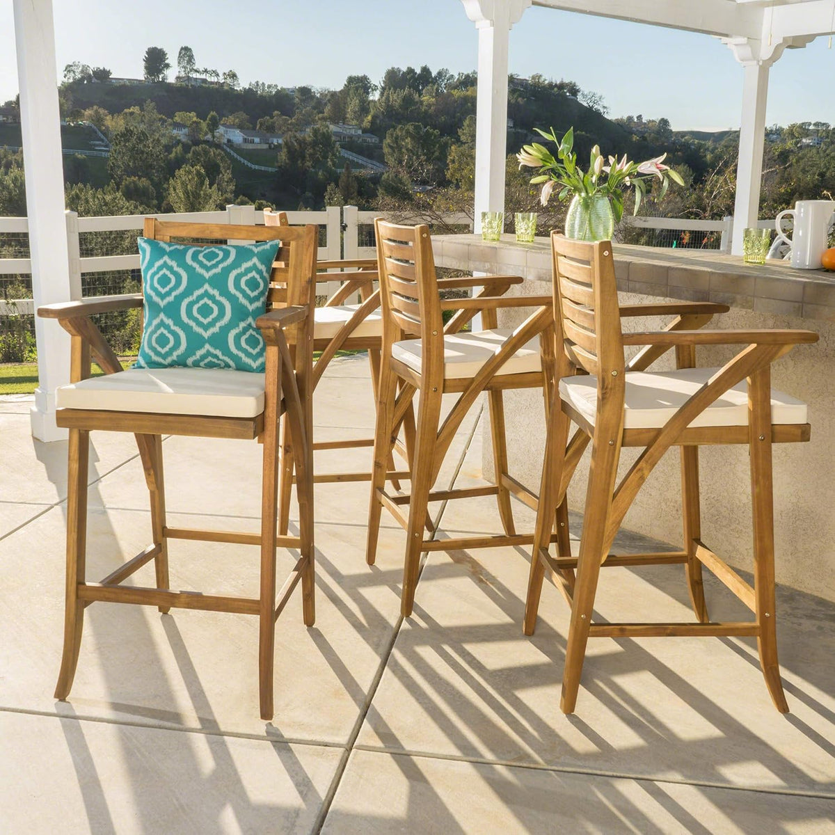 Acacia Wood Outdoor Barstools, 4-Pcs Set D627