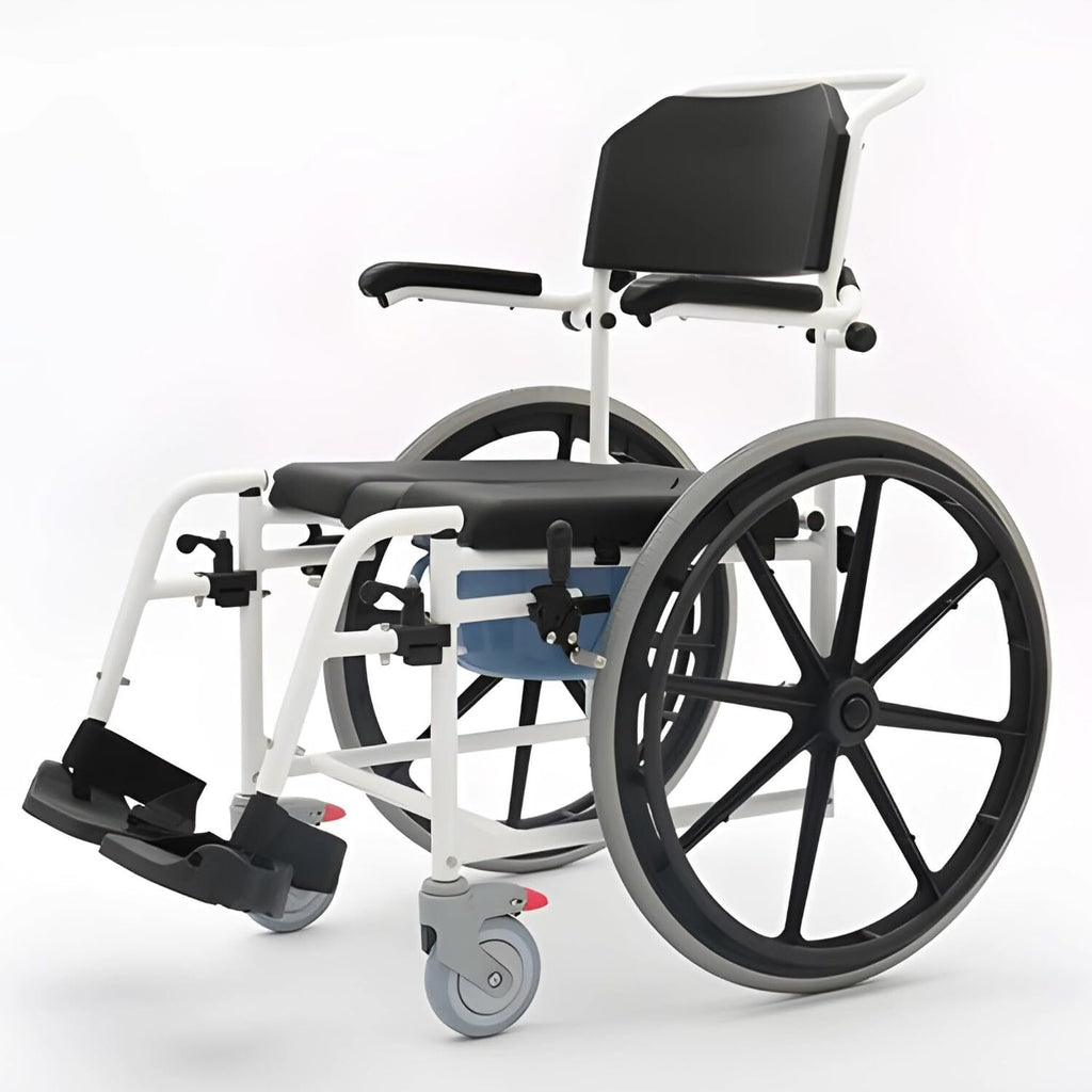 Rolling Shower Wheelchair with Commode, Padded Seat, 24" Rear Wheels, Non-Corrosive Aluminum Frame, 265 Lbs Weight Capacity, Black I385532