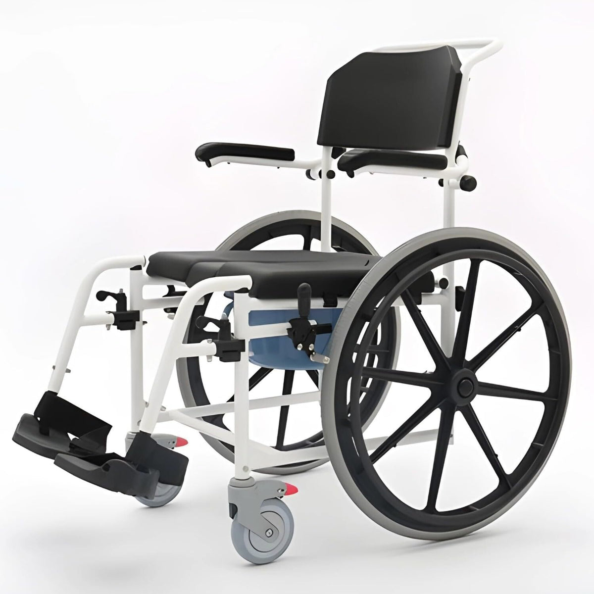Rolling Shower Wheelchair with Commode, Padded Seat, 24" Rear Wheels, Non-Corrosive Aluminum Frame, 265 Lbs Weight Capacity, Black I385532