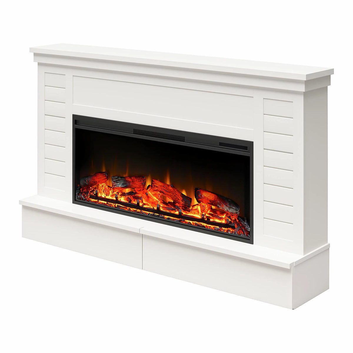 White Wide Shiplap Mantel with Linear Electric Fireplace and Storage Drawers M272213