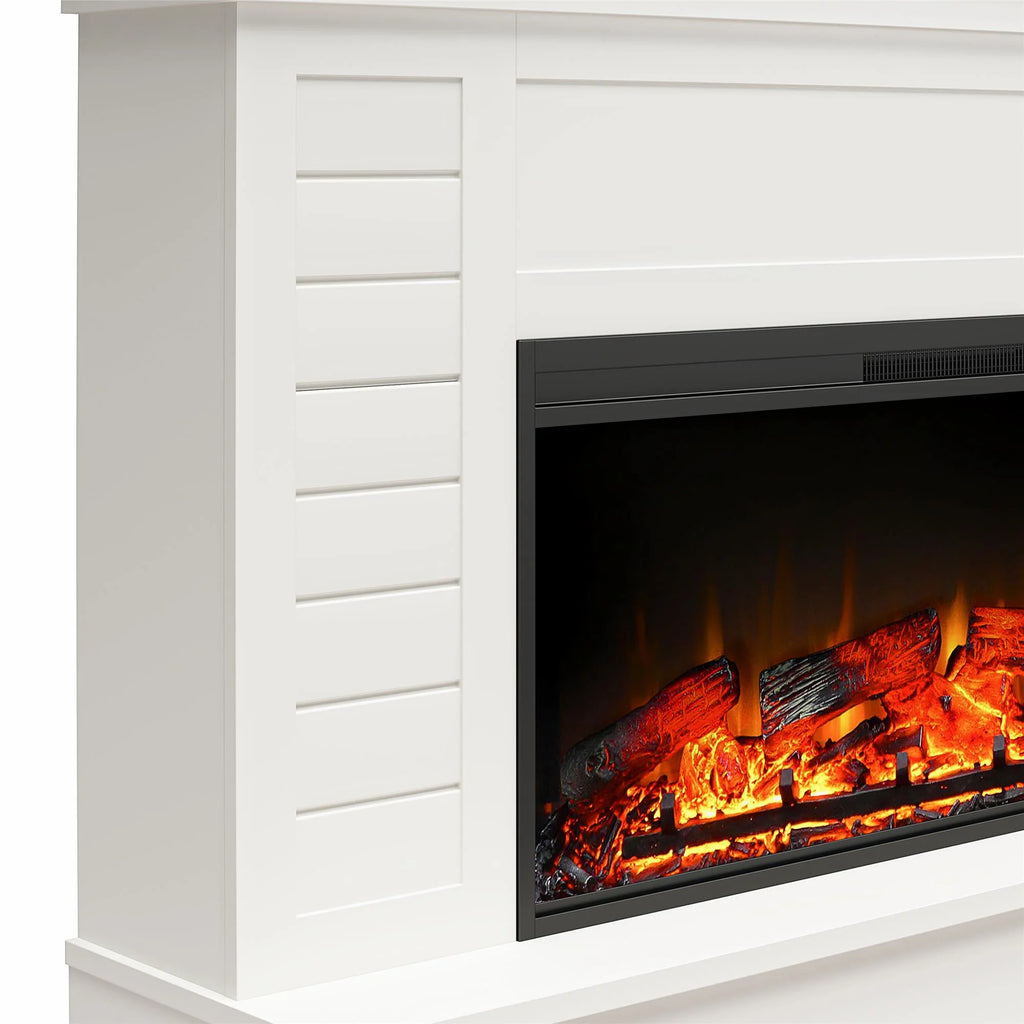 White Wide Shiplap Mantel with Linear Electric Fireplace and Storage Drawers M272213