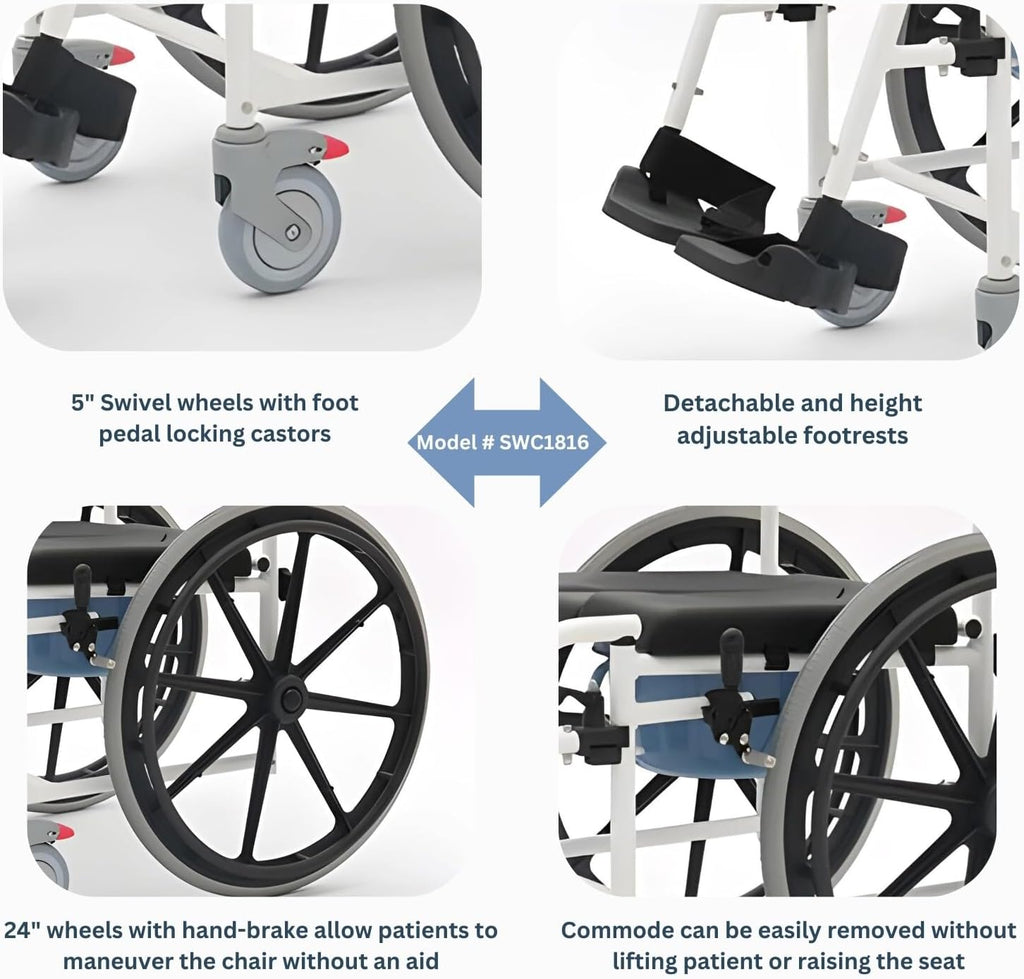 Rolling Shower Wheelchair with Commode, Padded Seat, 24" Rear Wheels, Non-Corrosive Aluminum Frame, 265 Lbs Weight Capacity, Black I385532