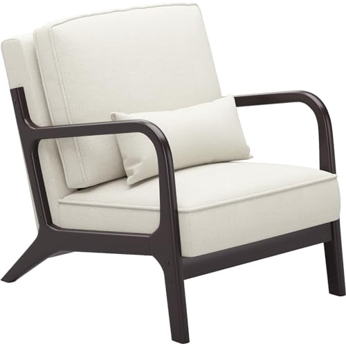 Light Grey Linen Upholstered Arm Chair with Cushion Solid Wood C7376
