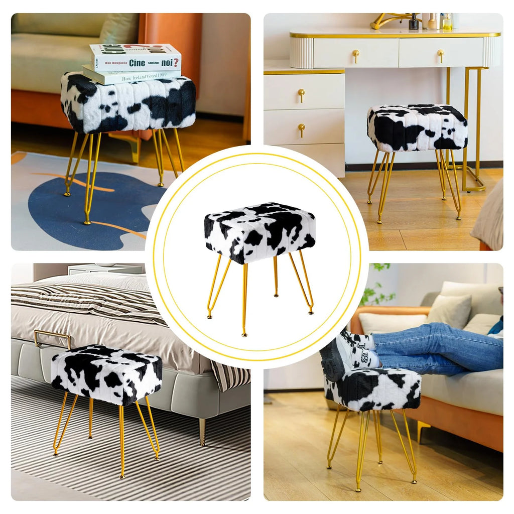Faux Fur Vanity Stool with Golden Metal Legs A231132