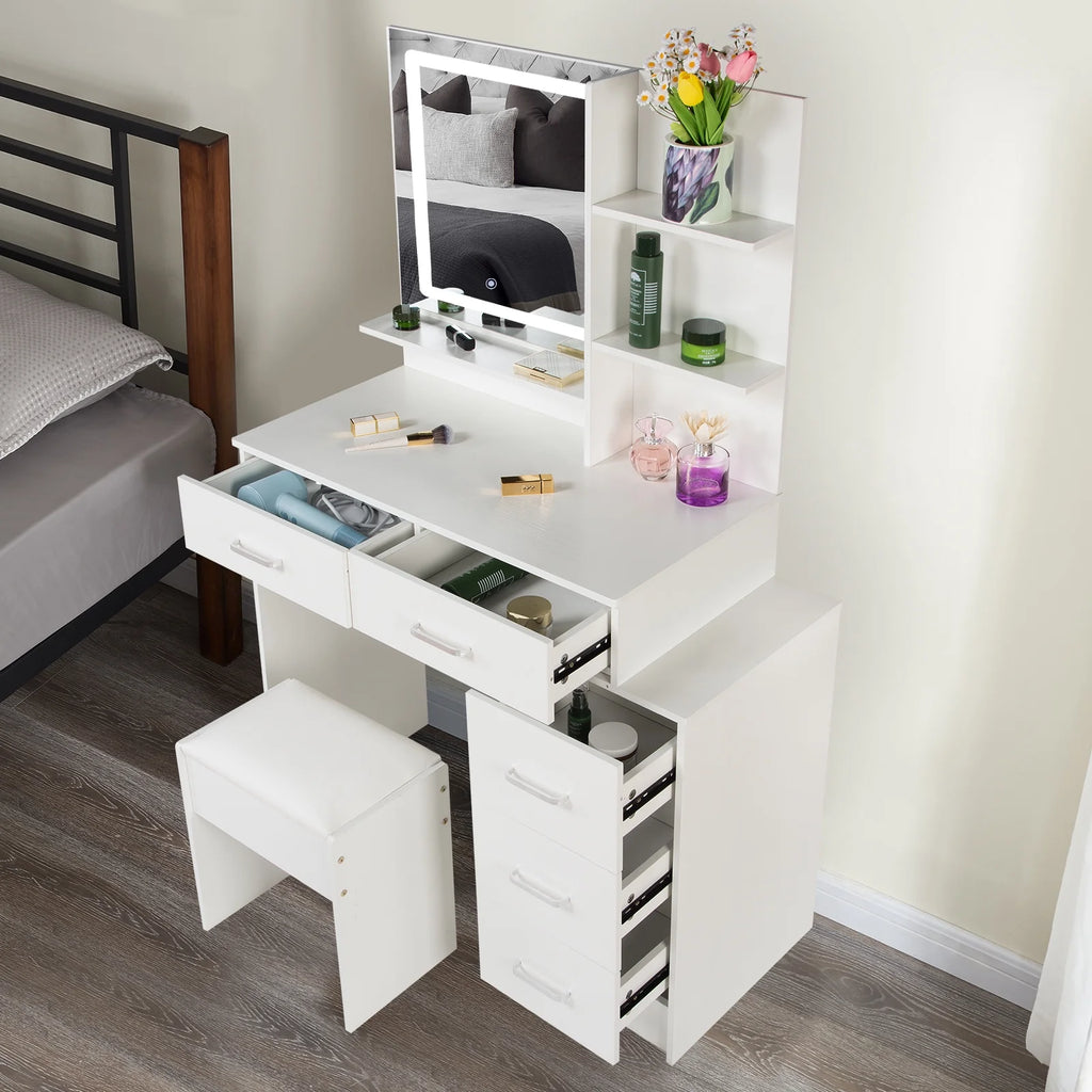 White Vanity Set with Lighted Mirror, Drawers and Stool G68881