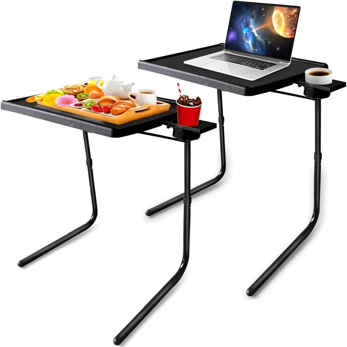 Adjustable Folding TV Tray Table with Cup Holder, 6 Height & 3 Tilt Angle (2 Pack Black) G102