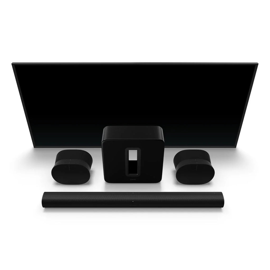 Black Wireless Soundbar, Subwoofer, and Pair of Smart Speakers X6820