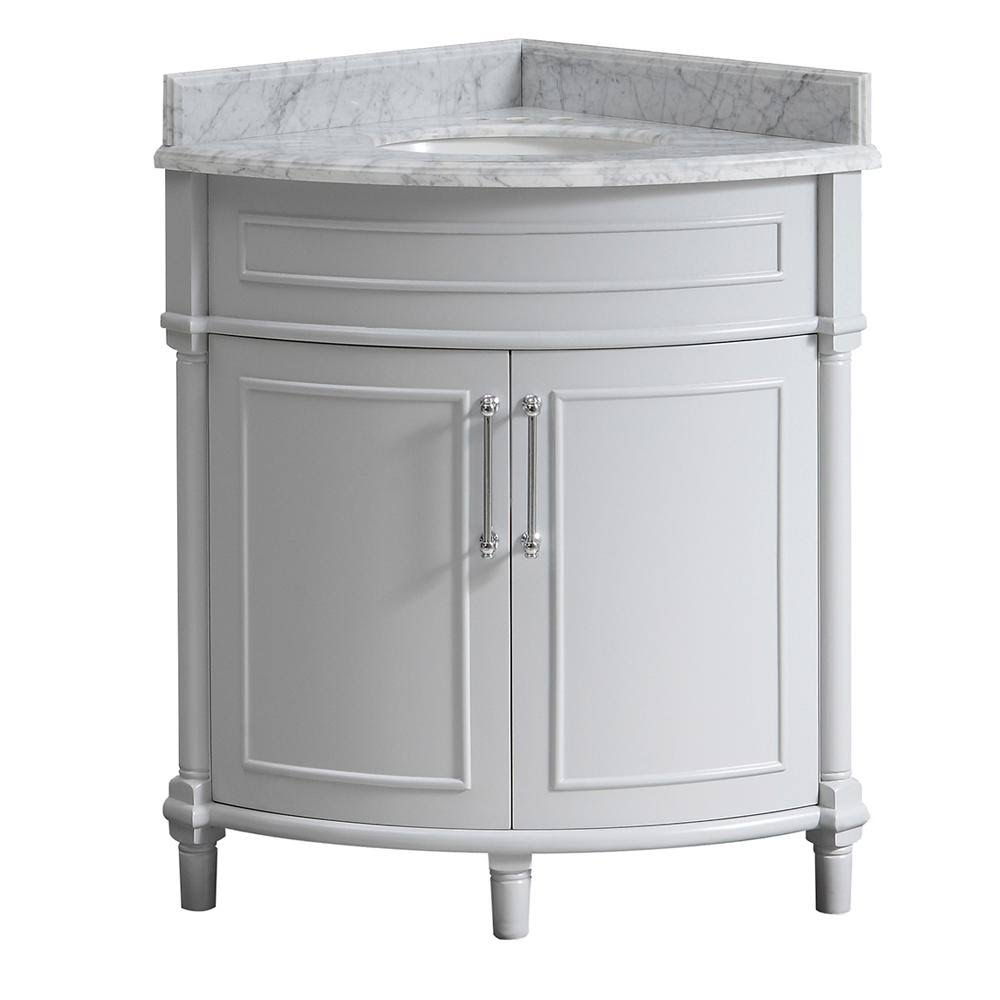 Corner Vanity in Grey with Carrara Marble Top with White Sinks M148