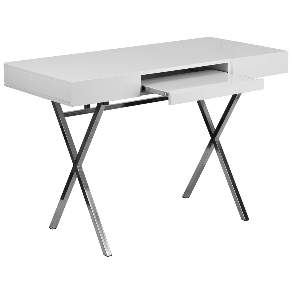 White Computer Desk with Keyboard Tray and Drawers Y697518