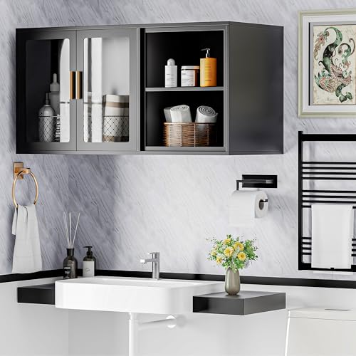 Black Over Toilet Wall Mounted Metal Cabinet with Two Glass Doors and Shelves U134