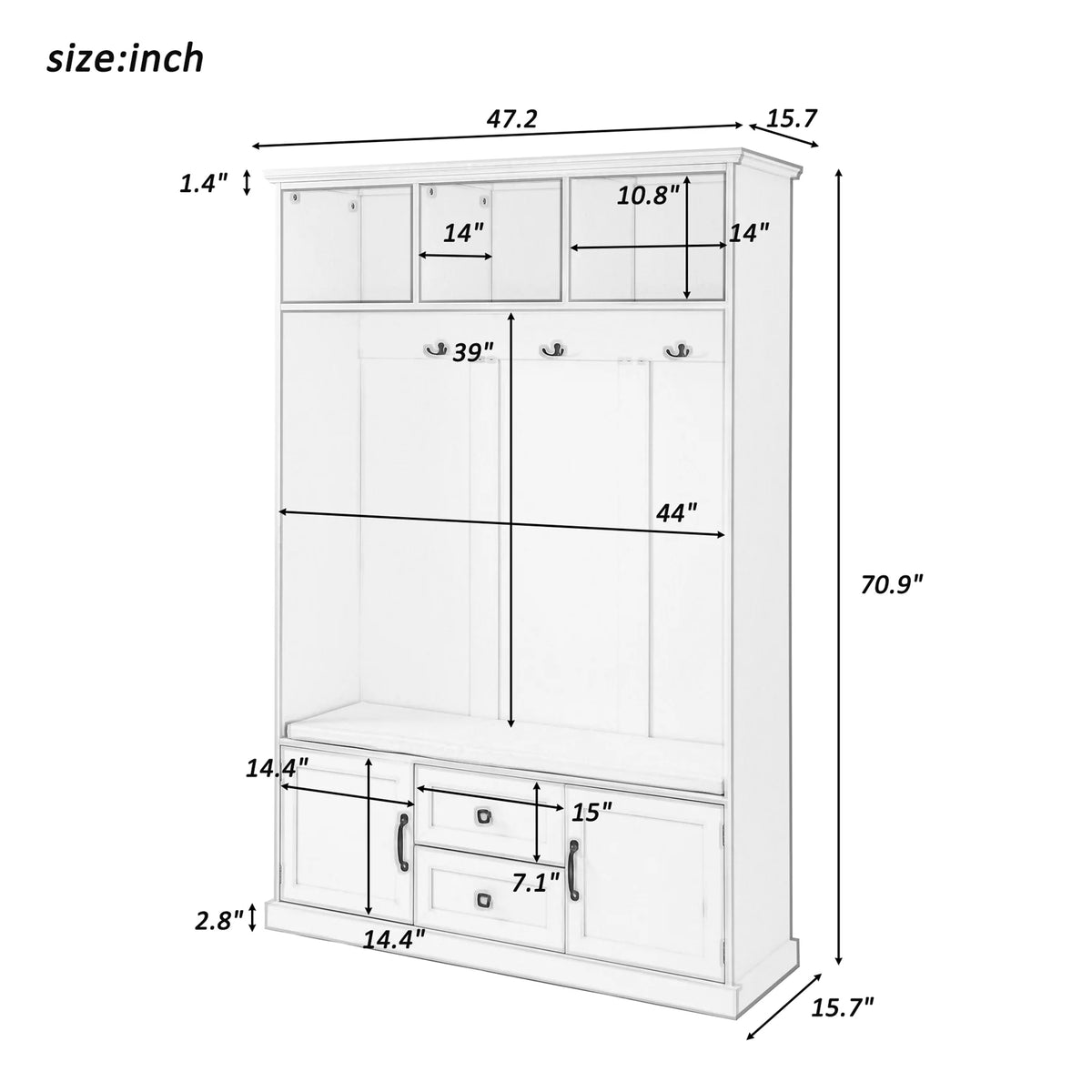 Beige Hall Tree with Upholstered Bench and Coat Rack Z73469