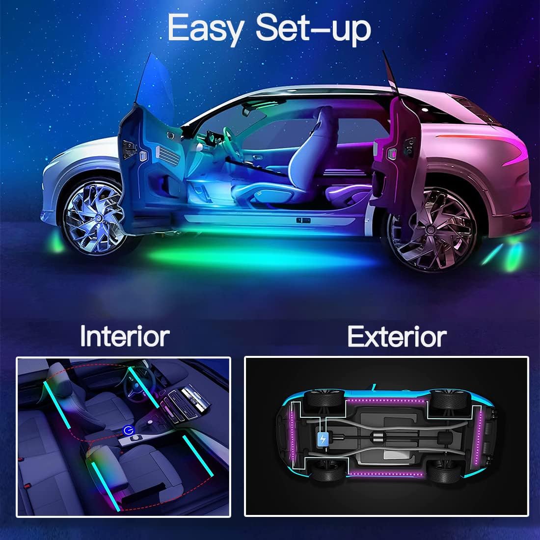 Car LED Underglow Lights Kit 4PCS+4PCS Underbody Neon Accent Lights with APP Bluetooth Remote Control DC12V RGB C93668